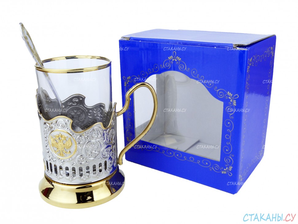 Набор для чая "Подарочный под гравировку" ПГ-005 позолоченный подстаканник (3 пр.): карт. коробка, стекл. стакан, ложка