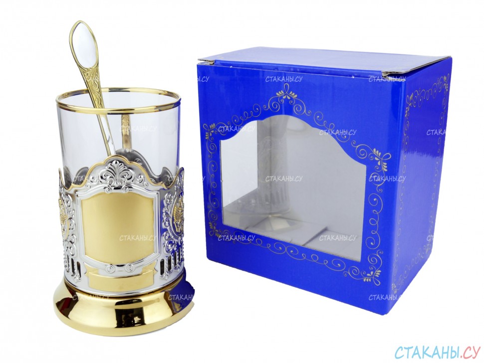 Набор для чая "Подарочный под гравировку" ПГ-006 позолоченный подстаканник (3 пр.): карт. коробка, стекл. стакан, ложка