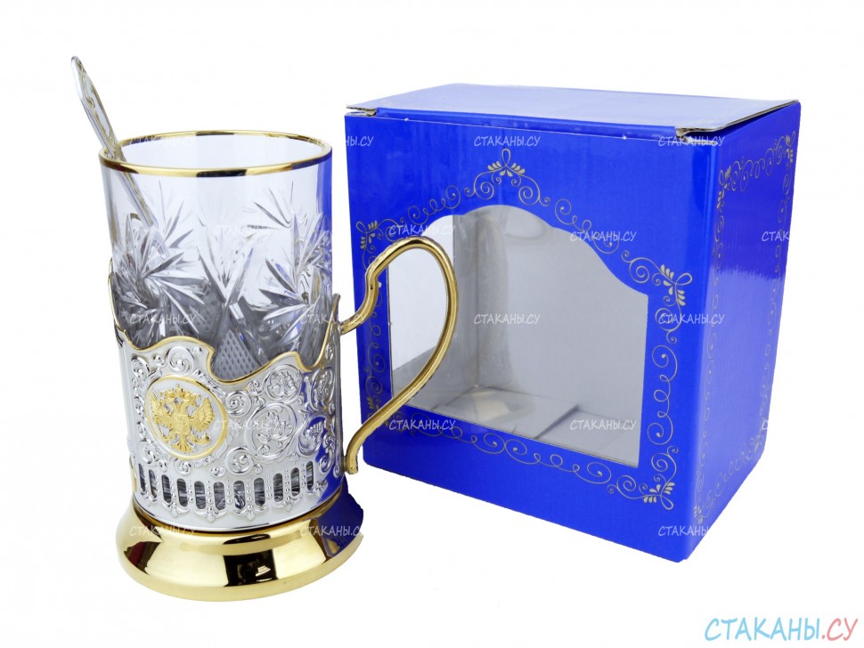 Набор для чая "Подарочный под гравировку" ПГ-007 позолоченный подстаканник (3 пр.): карт. коробка, хруст. стакан, ложка