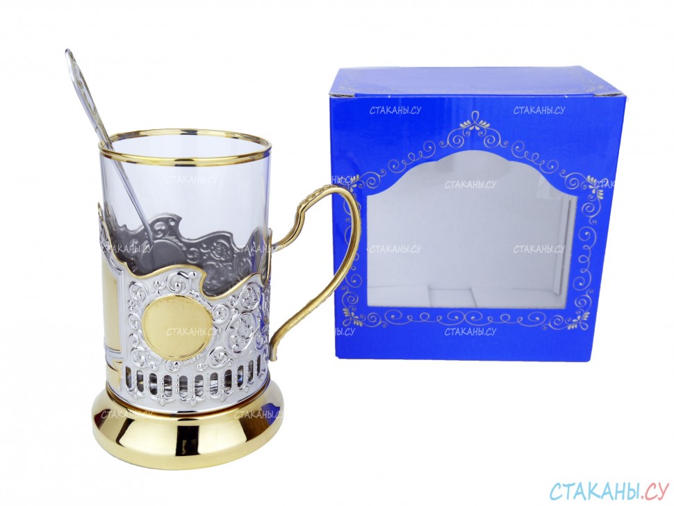 Набор для чая "Подарочный под гравировку" ПГ-009 позолоченный подстаканник (3 пр.): карт. коробка, стекл. стакан, ложка