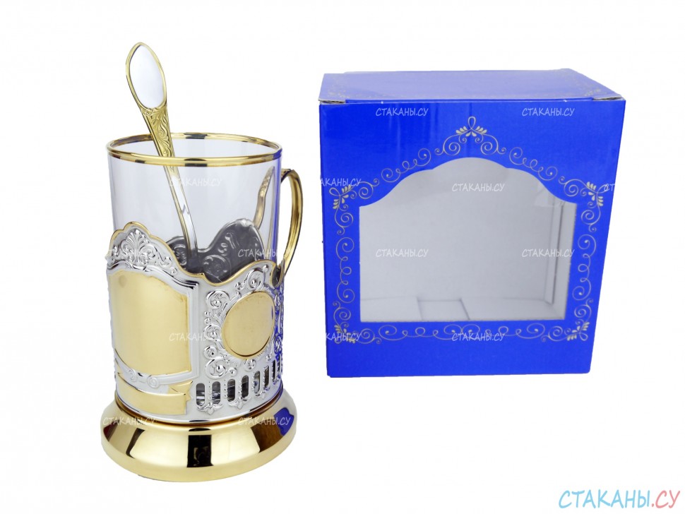 Набор для чая "Подарочный под гравировку" ПГ-010 позолоченный подстаканник (3 пр.): карт. коробка, стекл. стакан, ложка