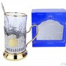Набор для чая "Подарочный под гравировку" ПГ-011 позолоченный подстаканник (3 пр.): карт. коробка, хруст. стакан, ложка