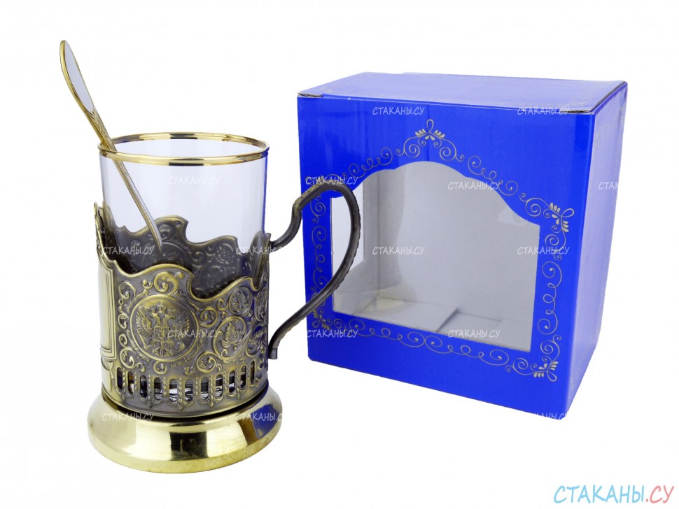 Набор для чая "Подарочный под гравировку" ПГ-013 латунный подстаканник (3 пр.): карт. коробка, стекл. стакан, ложка