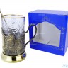 Набор для чая "Подарочный под гравировку" ПГ-014 латунный подстаканник (3 пр.): карт. коробка, хруст. стакан, ложка
