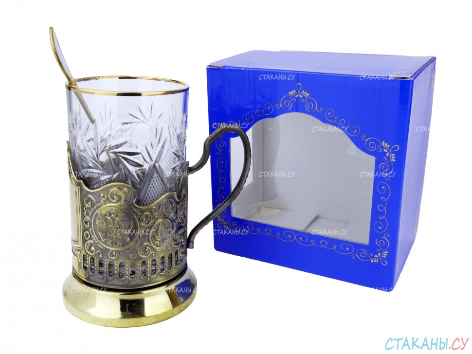 Набор для чая "Подарочный под гравировку" ПГ-014 латунный подстаканник (3 пр.): карт. коробка, хруст. стакан, ложка