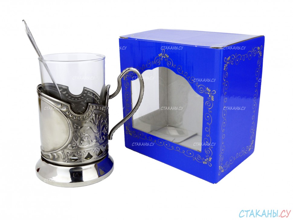 Набор для чая "Подарочный под гравировку" ПГ-017 никелированный подстаканник (3 пр.): карт. коробка, стекл. стакан, ложка