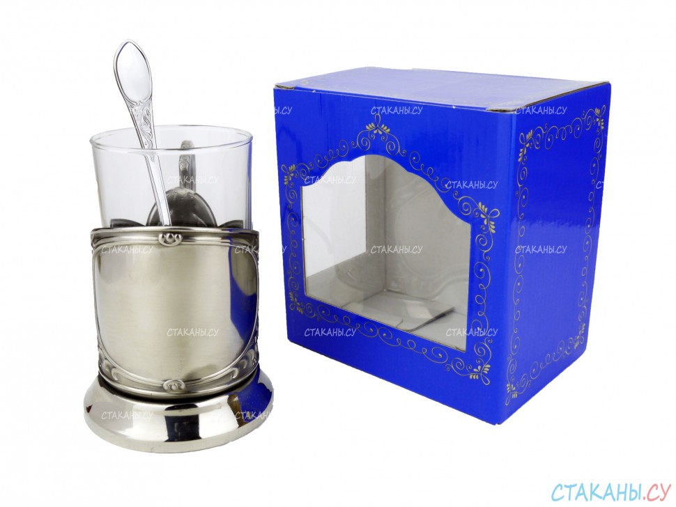 Набор для чая "Подарочный под гравировку" ПГ-018 никелированный подстаканник (3 пр.): карт. коробка, стекл. стакан, ложка