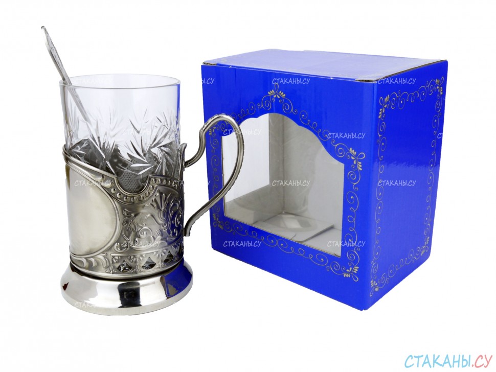 Набор для чая "Подарочный под гравировку" ПГ-019 никелированный подстаканник (3 пр.): карт. коробка, хруст. стакан, ложка