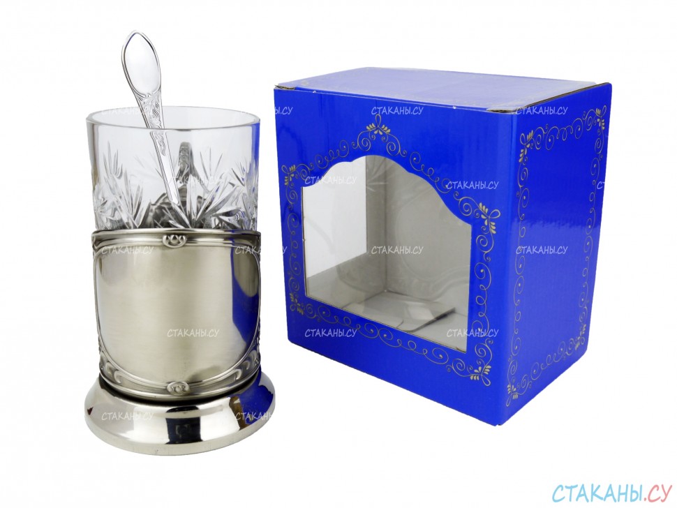 Набор для чая "Подарочный под гравировку" ПГ-020 никелированный подстаканник (3 пр.): карт. коробка, хруст. стакан, ложка