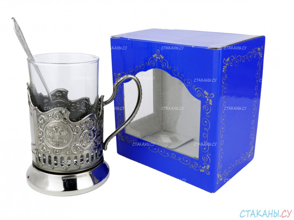 Набор для чая "Подарочный под гравировку" ПГ-021 никелированный подстаканник (3 пр.): карт. коробка, стекл. стакан, ложка