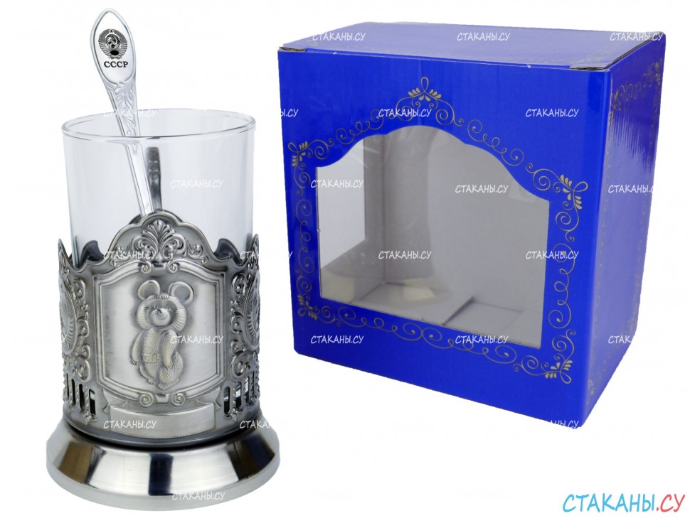 Подстаканник "Олимпийский мишка" штамп, никелированный. Набор для чая (3 пр.): карт. коробка, стекл. стакан, ложка