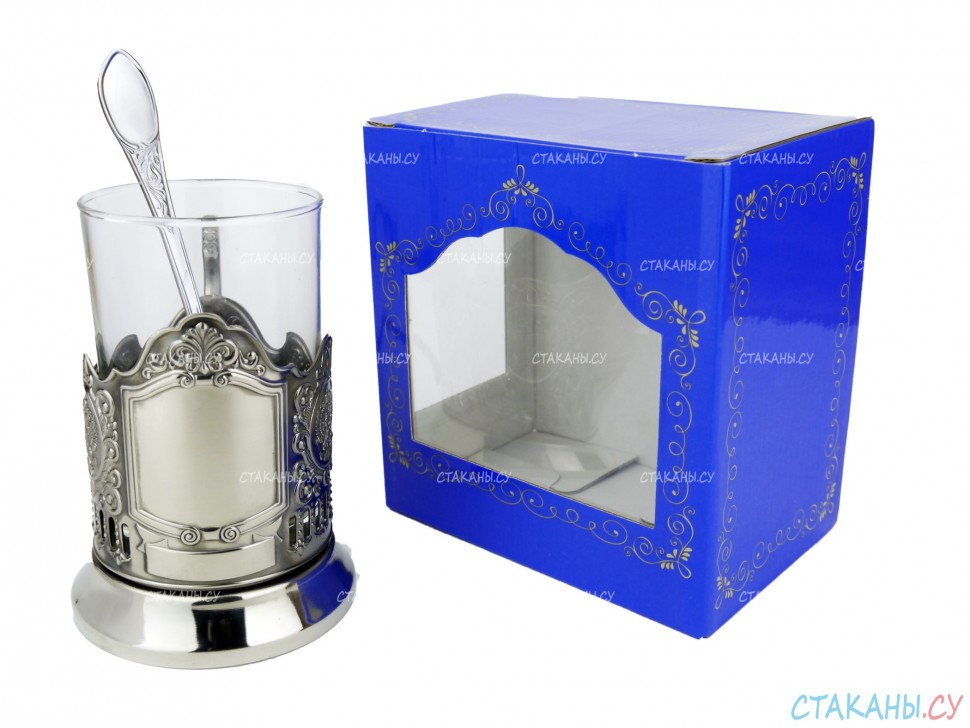 Набор для чая "Подарочный под гравировку" ПГ-022 никелированный подстаканник (3 пр.): карт. коробка, стекл. стакан, ложка