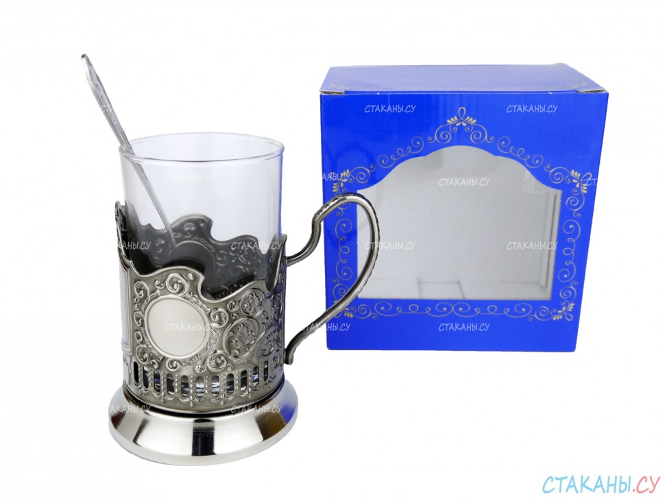 Набор для чая "Подарочный под гравировку" ПГ-025 никелированный подстаканник (3 пр.): карт. коробка, стекл. стакан, ложка
