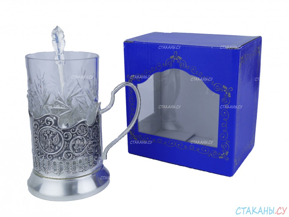 Набор для чая "Подарочный под гравировку" ПГ-029 посеребренный подстаканник (3 пр.): карт. коробка, хруст. стакан, ложка