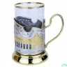 Подстаканник "ГУМ" штамп, позолоченный. Набор для чая (3 пр.): футляр стоя, стекл. стакан, ложка