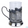 Подстаканник "Пальма. Новый Крым" штамп, никелированный. Набор для чая (3 пр.): футляр стоя, стекл. стакан, ложка