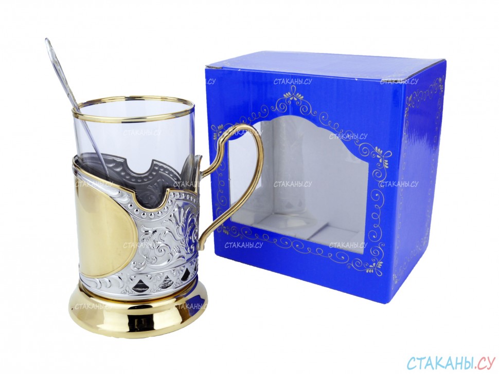 Набор для чая "Подарочный под гравировку" ПГ-001 позолоченный подстаканник (3 пр.): карт. коробка, стекл. стакан, ложка