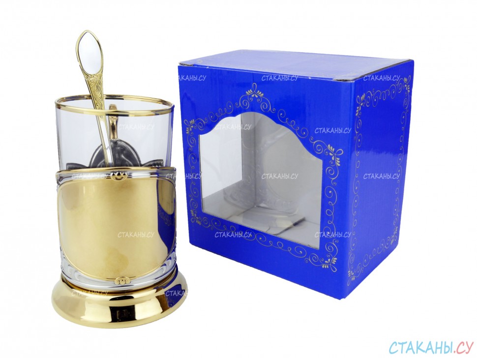 Набор для чая "Подарочный под гравировку" ПГ-002 позолоченный подстаканник (3 пр.): карт. коробка, стекл. стакан, ложка