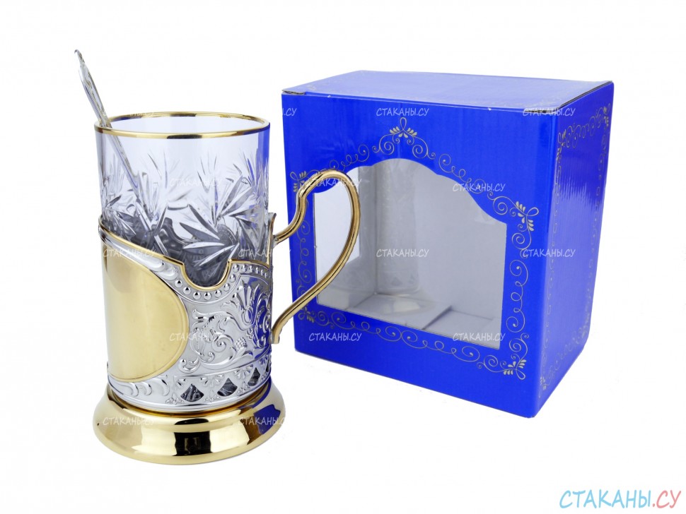 Набор для чая "Подарочный под гравировку" ПГ-003 позолоченный подстаканник (3 пр.): карт. коробка, хруст. стакан, ложка