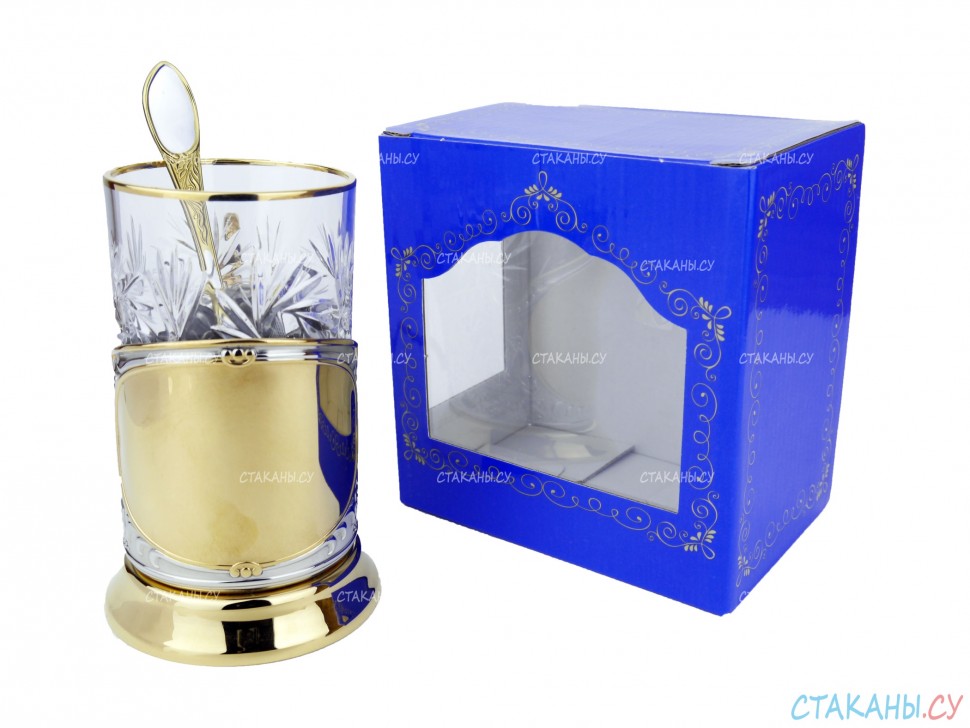 Набор для чая "Подарочный под гравировку" ПГ-004 позолоченный подстаканник (3 пр.): карт. коробка, хруст. стакан, ложка
