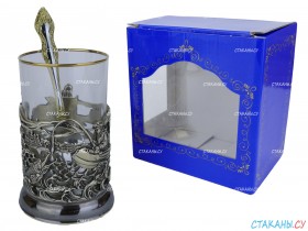 Подстаканник &quot;Рыбалка&quot; точное литье. Набор для чая (3 пр.): карт. коробка, стекл. стакан, ложка