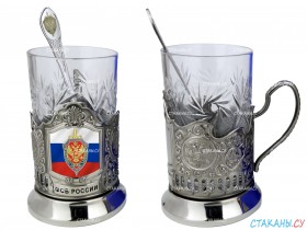 Подстаканник &quot;ФСБ&quot; термопечать (сублимация), никелированный. Набор для чая(3 пр.): карт.коробка, хруст. стакан, ложка