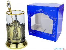Подстаканник &quot;Рабочий и колхозница&quot; штамп, латунный. Набор для чая (3 пр.): карт. коробка, стекл. стакан, ложка