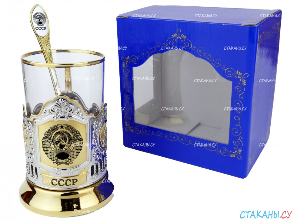 Набор для чая "Герб СССР" гравировка, позолоченный (3 пр.): карт.коробка, стекл. стакан, ложка