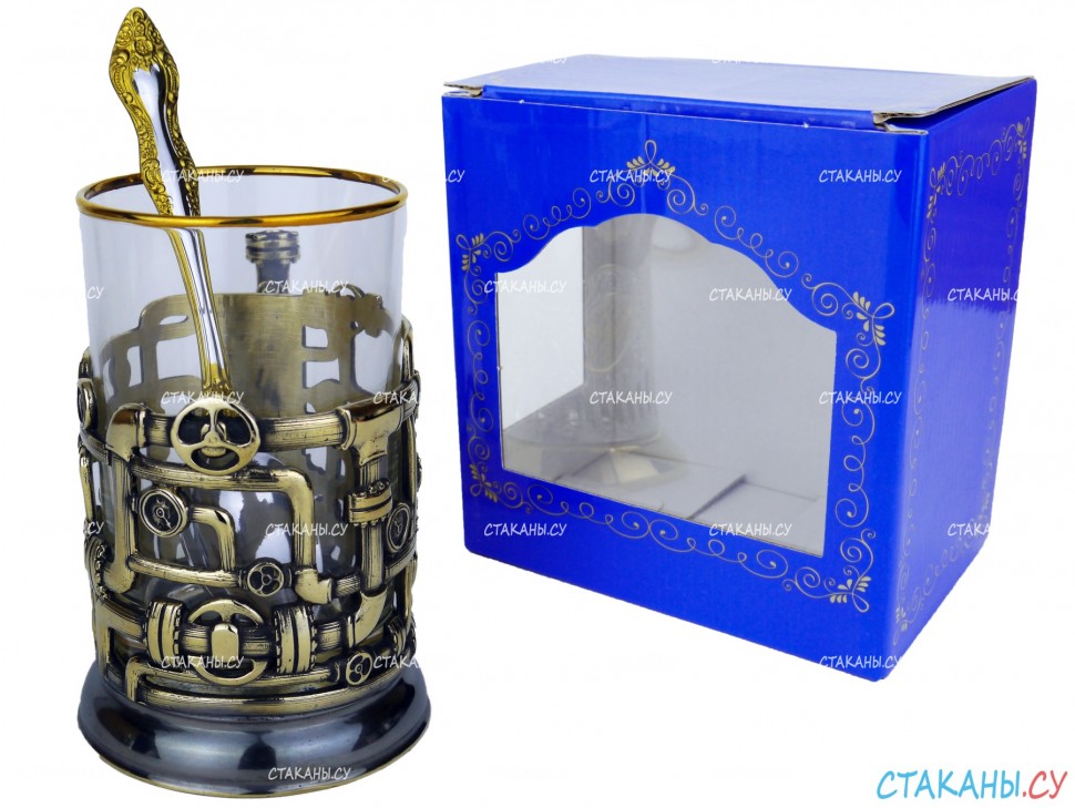 Подстаканник "Трубы. Трубопровод" точное литье. Набор для чая (3 пр.): карт. коробка, стекл. стакан, ложка