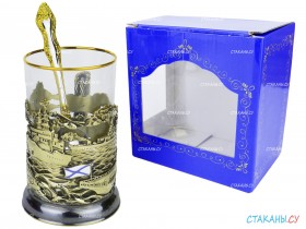 Подстаканник &quot;ВМФ&quot; точное литье. Набор для чая (3 пр.): картонная коробка, стекл. стакан, ложка