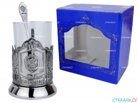 Набор для чая &quot;ФСБ&quot; штамп, никелированный (3 пр.): карт.коробка, стекл. стакан, ложка