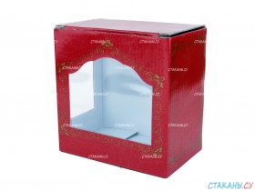 Картонная коробка красная с пластиковым окошком для подстаканника, стакана и ложки