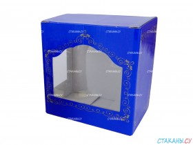 Картонная коробка синяя с пластиковым окошком для подстаканника, стакана и ложки
