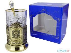 Подстаканник &quot;ГИБДД, ГАИ&quot; гравировка, латунный. Набор для чая (3 пр.): карт. коробка, хруст. стакан, ложка