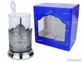 Подстаканник &quot;Пальма. Новый Крым&quot; штамп, никелированный. Набор для чая (3 пр.): карт. коробка, стекл. стакан, ложка