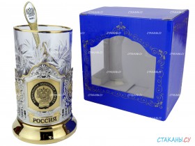 Подстаканник &quot;ФНС&quot; гравировка, позолоченный. Набор для чая (3 пр.): карт. коробка, хруст. стакан, ложка