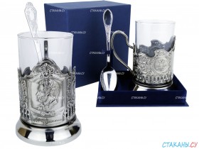 Подстаканник &quot;Пушкин&quot; штамп, никелированный. Набор для чая (3 пр.): футляр стоя, стекл. стакан, ложка