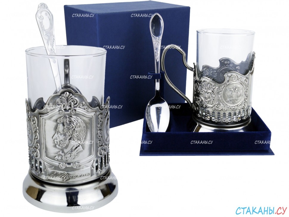 Подстаканник "Пушкин" штамп, никелированный. Набор для чая (3 пр.): футляр стоя, стекл. стакан, ложка