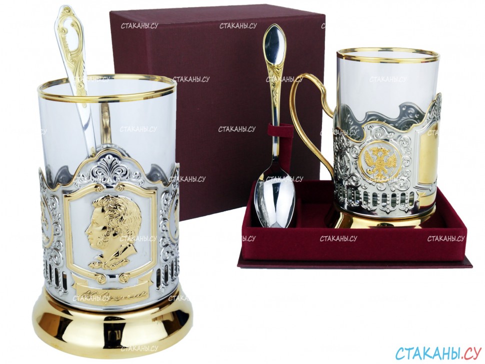 Подстаканник "Пушкин" штамп, позолоченный. Набор для чая (3 пр.): футляр стоя, стекл. стакан, ложка